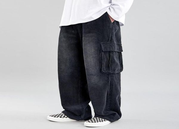 

mens corduroy trousers old school multipocket cargo pants male casual thick baggy straight elasticatedwaist wideleg black pant2217170