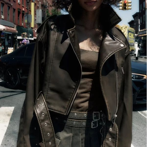 

women's jackets 2023 spring autumn women black pu leather jackets turndown collar zipper jacket outwear with belt for hip pop girls coa, Black;brown