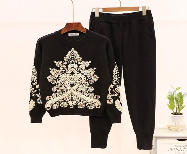 

new autumn winter tracksuits set female beading diamonds long sleeve sweater knit pants 2pcs women autumns loose pullover trousers5317689, Gray