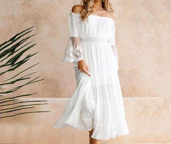 

summer fashion white dress beach women off shoulder lace patchwork solid color long flare sleeve maxi casual dresses5520153, Black;gray