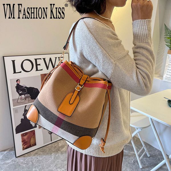 

evening bags vm fashion kiss women s bucket pu leather canvas stitching luxury handbags large capacity designer shoulder bag 230821