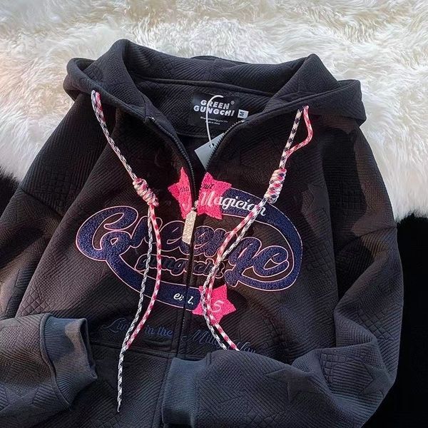 

men's hoodies sweatshirts american retro letter towel embroidered hoodies zipper sweatshirt female niche design sense casual couple str, Black