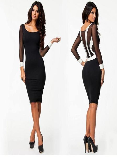 

fashion autumn women dresses long sleeve bandage bodycon pencil party dress work black midi office dress vestidos1371513, Black;gray