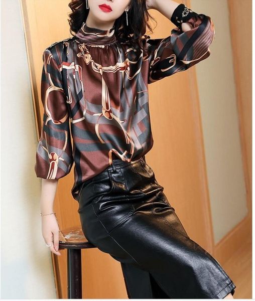 

luxury ladies runway satin silk shirt plus size women long sleeve mock neck draped casual blouses slim elegant office designe4543784, White