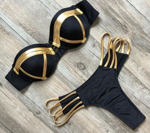 

women039s swimwear gold stamping bikini set padded women swimsuit push up bandeau summer beachwear brazil bathing suit9319351, White;black