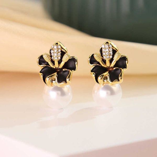 

flower pearl earrings for women with a high-end sense of temperament fashionable earrings silver needles light luxury earrings, Black