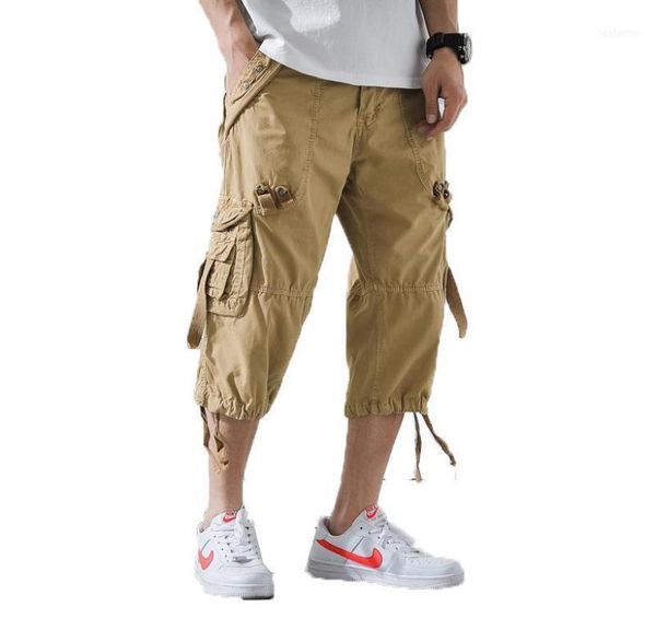 

men cargo pants mens casual calflength man loose cropped trousers multipocket beamed overalls male sports short 4012355667, Black