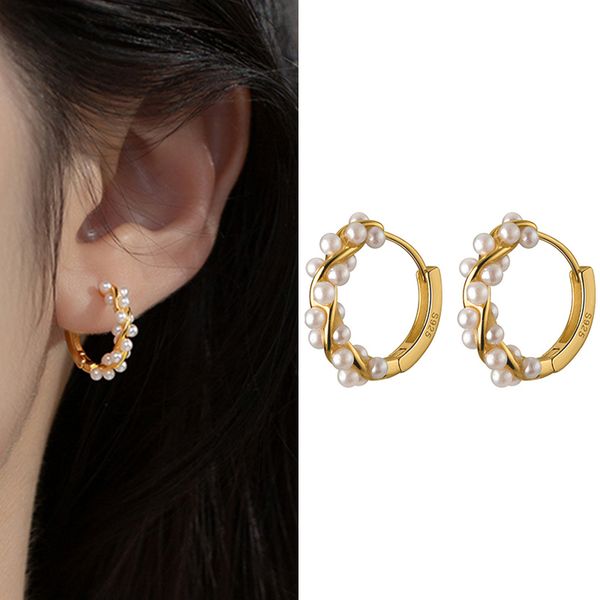 

925 sterling silver vintage french twist synthetic pearl huggies hoop earrings for women fashion elegant wedding jewelry, Golden;silver
