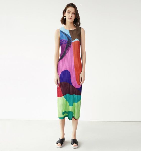 

casual dresses miyake pleated geometric vintage painting dress women sleeveless summer color motel rocks long korean fashion caog6017298, Black;gray