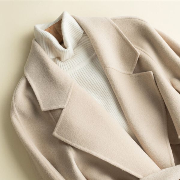 

womens wool blends 100% jackets winter clothing cashmere coat female autumn spring long belt abrigos mujer invierno lwl1301 230818, Black