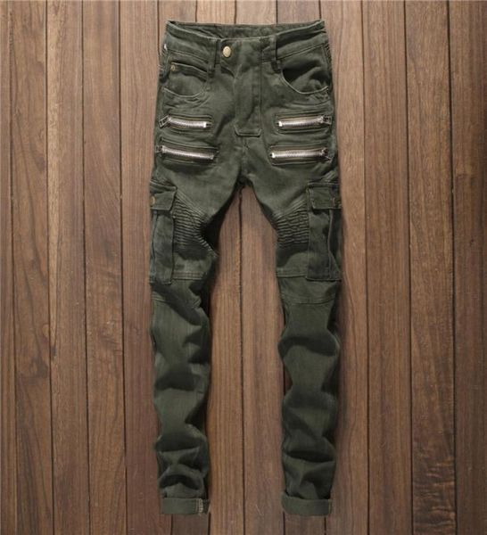 

men multi zippers denim jeans straight slim male jeans pants fashion full length casual punk style men ripped army green3704244, Blue