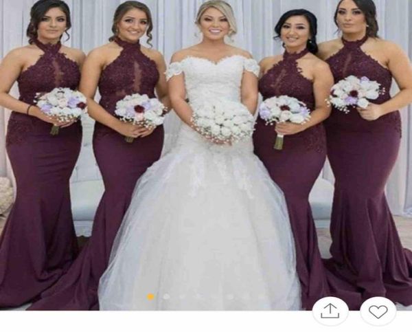 

halter neck satin mermaid bridesmaid dress 2020 lace appliques wedding guest gowns custom made1651557, White;pink