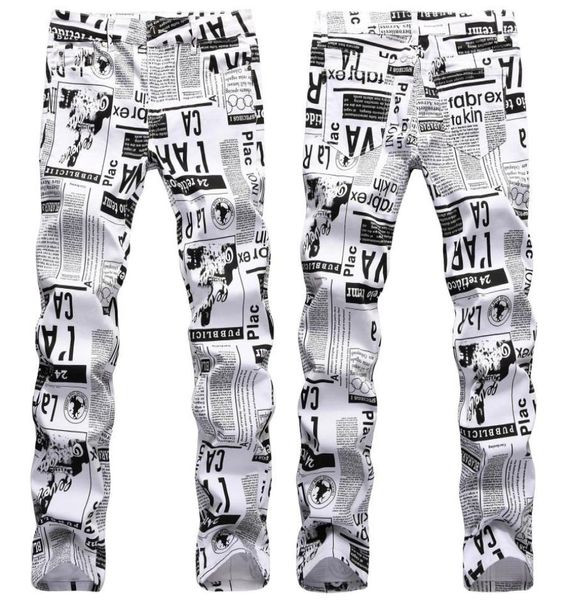 

mens street fashion prints jeans slimfit stretch denim pants newspaper painting party jeans cool casual jean7075728, Blue