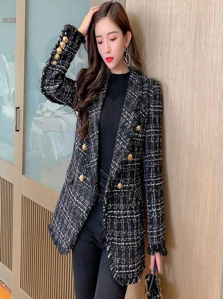 

autumn winter women tassel tweed jacket coat metal gold double breasted long sleeve jacket casaco feminino7678110, Black;brown