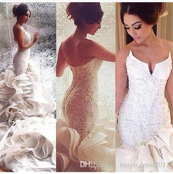 

2020 lace mermaid sweetheart wedding dresses with long tulle sweep train bride gowns vestido de noiva23413065947675, White