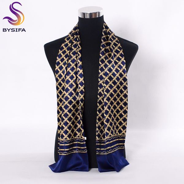 

scarves bysifa navy blue gold plaid men silk fashion accessories autumn winter male pure long cravat 160 26cm 230818, Blue;gray