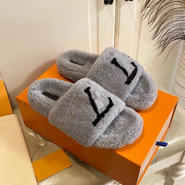 

womens fluffy designer slippers fur slides warm letters brand woman loafers shoes flat slider comfort mule wool fuzzy slipper pink white fur, Black