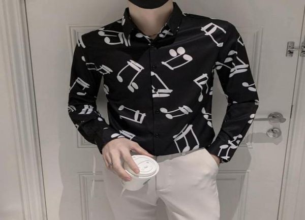 

men039s casual shirts 2021 autumn longsleeved slim musical note printed shirt fashion streetwear social party men clothing6850016, White;black