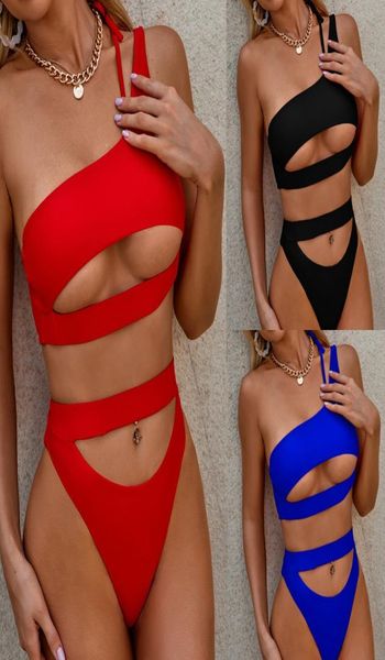 

one shoulder bikini set hollow out high waisted cut women swimwear crop thong monokini 20214101359, White;black