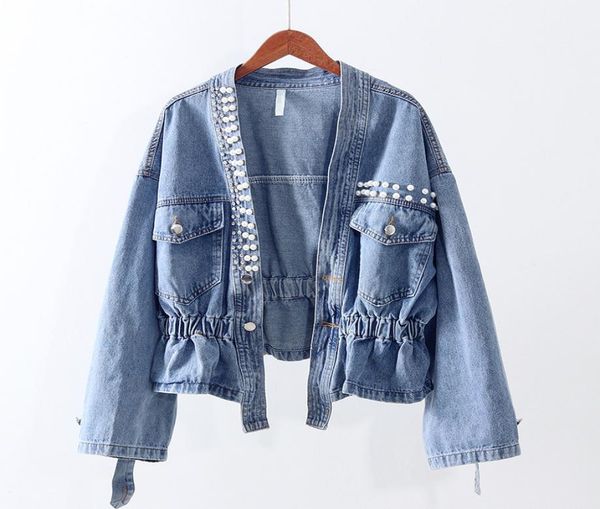 

fashion elastic waist blue denim jacket women outerwear autumn loose diamonds beading jeans jacket coat female chaquetas mujer8160202, Black;brown