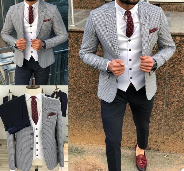 

blue houndstooth wedding tuxedos men suits 3 pieces custom made wedding suits lapel casual fashion formal business coat pant vest6298283, Black;gray