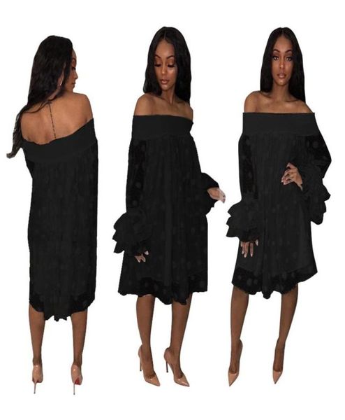 

solid polka dots off shoulder loose casual dress plus size s3xl women slash neck flare sleeve mini club party dress autumn4579859, Black;gray