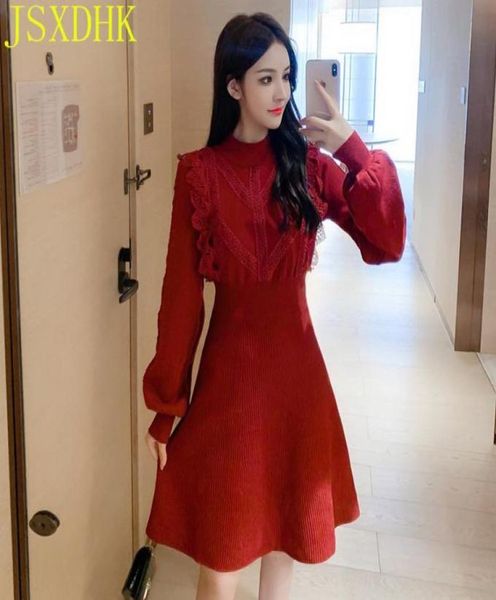 

casual dresses jsxdhk 2021 fashion women sweater dress temperament solid lace patchwork slim puff sleeve fall winter bottoming kni6717915, Black;gray