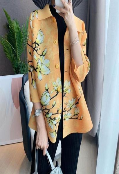 

early autumn women039s miyake pleated short jacket singlebreasted printed cardigan loose and plussized blouses shirts94191592551452, White