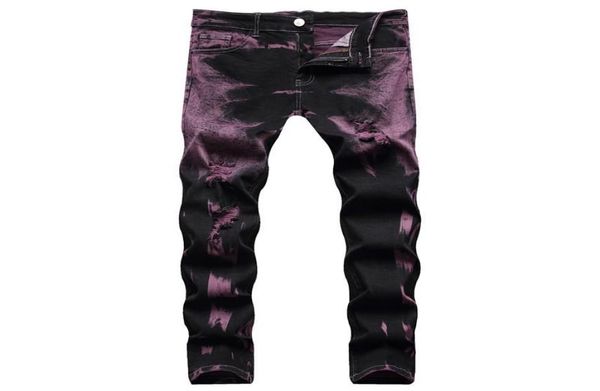 

men039s jeans light luxury mens slim fit tie dye denim pants hole ripped decorating purple street fashion cas9987583, Blue