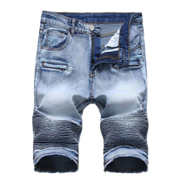 

summer new biker moto mens denim shorts fashion pleated zipper slim fit men jeans shorts big size2518630, Blue