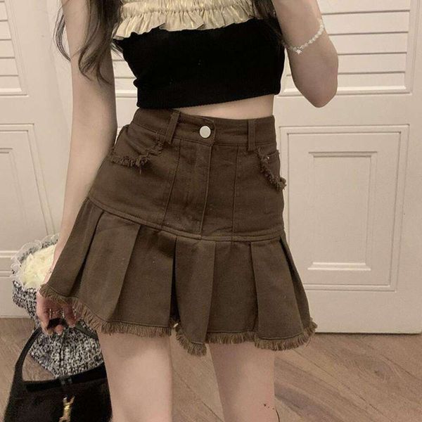 

large size babes a line denim skirt summer style high waist pleated ins wholesale, Black