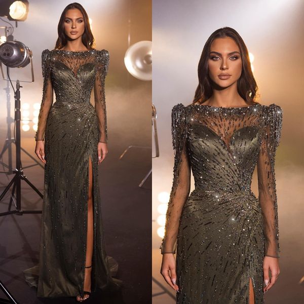 

elegant sheath evening dresses crystal beads long sleeves party prom dress split formal long red carpet dress for special occasion, Black;red