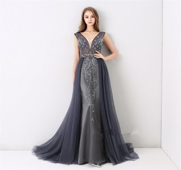 

2018 elegant navy tulle crystals prom dresses v neck detachable train evening gowns custom beads evening dresses vestidos formales8356683, Black
