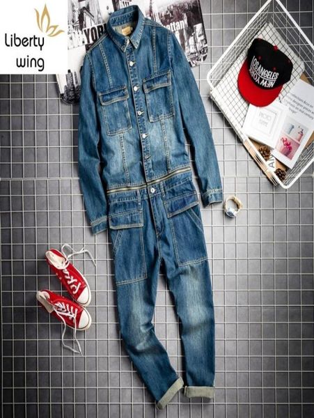 

men039s jeans spring fall mens vintage detachable denim cargo overalls hiphop long sleeve straight pants big size rompers 9810745, Blue