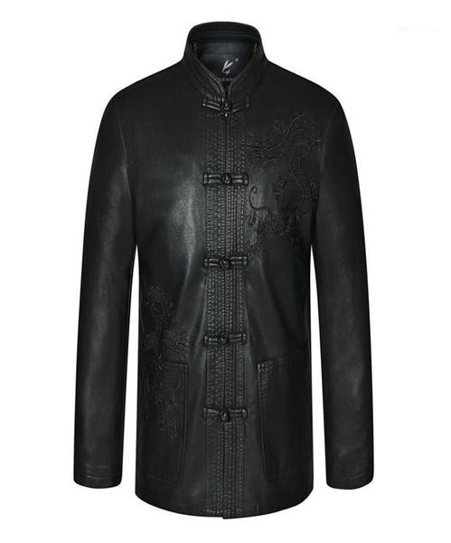 

mens black ethnic tang suit mandarin collar leather kong fu jackets dragon embroidery fur coat traditional chinese garments men02521008