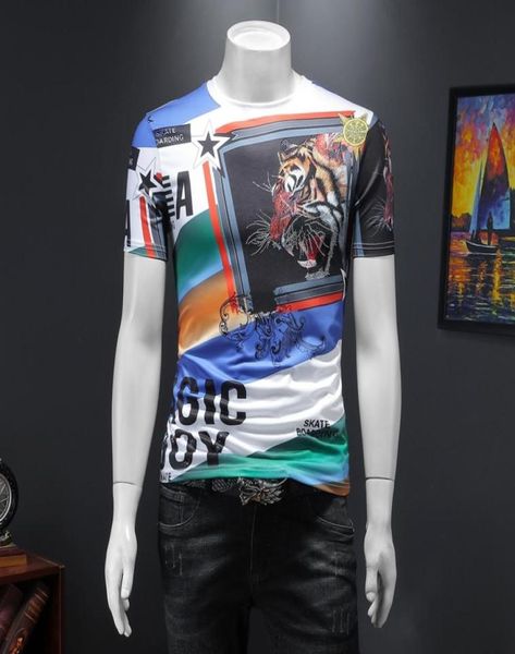 

2022 summer new men039s digital printing shortsleeved tshirt mercerized cotton personality trend diamond round neck b47774981167270, White;black