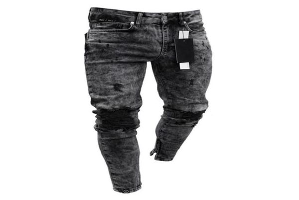 

mens skinny jeans mens ripped frayed slim fit denim pencil pants hip hop dark gray streetwear pleated casual trousers jeans44589642406670, Blue