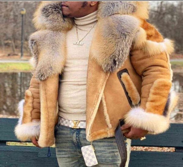 

men039s wear imitation leather plush fur coat big fur collar winter collar and long sleeves wool liner jackets coats y2112214573508, Black;brown