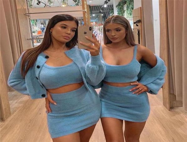 

3pcs women039s villus suit solid color longsleeved cardigan short suspenders highwaisted tight skirt autumn lady we441444103316, Gray