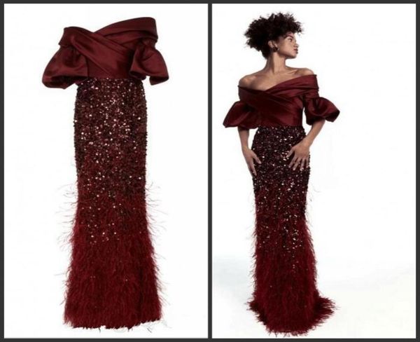 

elegant burgundy off the shoulder gown with feather embroidery evening dresses custom made floor length zipper back mermaid prom d2627544, Black;red