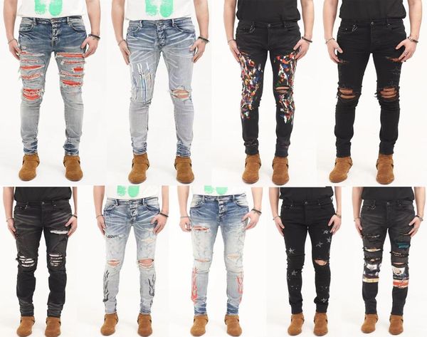 

2021 mens jeans high street tide brand dirty yellow mud wash water hole patch slim fit4256960, Blue