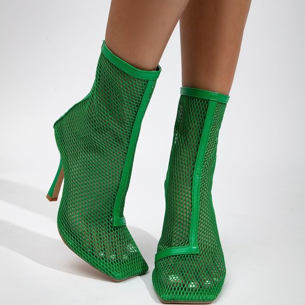 

boots xibeilove 2023 fashion women ankle square headed mesh zipper green high heel breathable party ball shoes 230821, Black