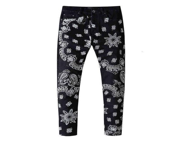 

men039s jeans cashew blossom pants print slim fit small foot men039s perforated black jeans casual7068835, Blue