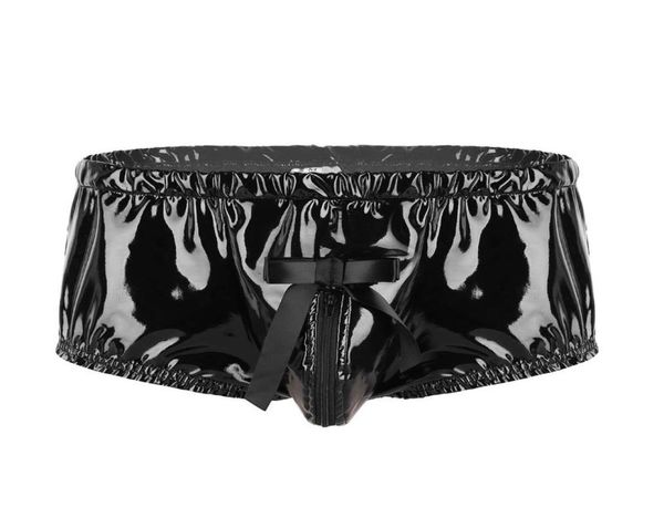 

underpants mens exotic lingerie patent leather underwear wet look zippered bulge pouch back frilly ruffled high cut low rise brief2599730, Black;white