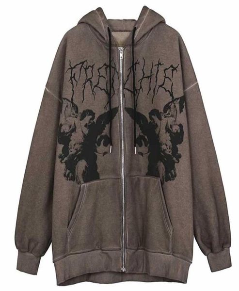 

hip hop streetwear hoodie angel print jacket harajuku cotton fleece jacket hanban jacket oversized zip sweatshirt y2k clothing 2203417921, Black