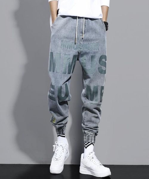 

men fashion high street jeans casual harem pants letter print light blue sweatpants trousers drawstring homens jeans denim pants3437010
