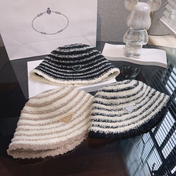

luxury designer bucket hat women's autumn and winter warm stripes triangle letter print cap, Blue;gray