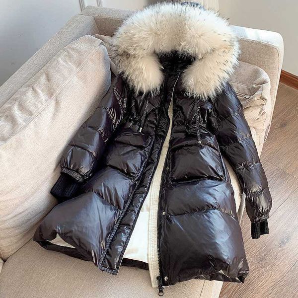 

women's down parkas fshi 2022 winter leather long fur white duck down coats women, Black