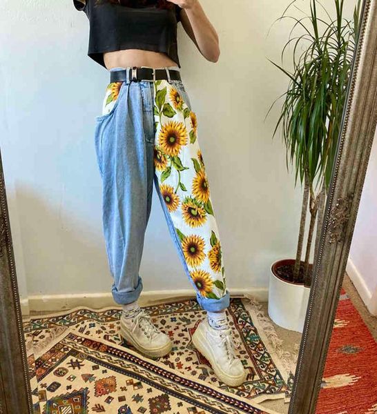 

trend s printed light blue jeans fit women young girls soft denim long pant patchwork harem hight waist jeans 2102224729485