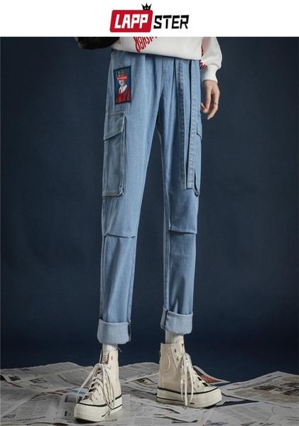 

lappster korean fashoins streetwear jeans pants 2020 ribbons harajuku baggy jeans couple pockets denim blue pants cx22760103